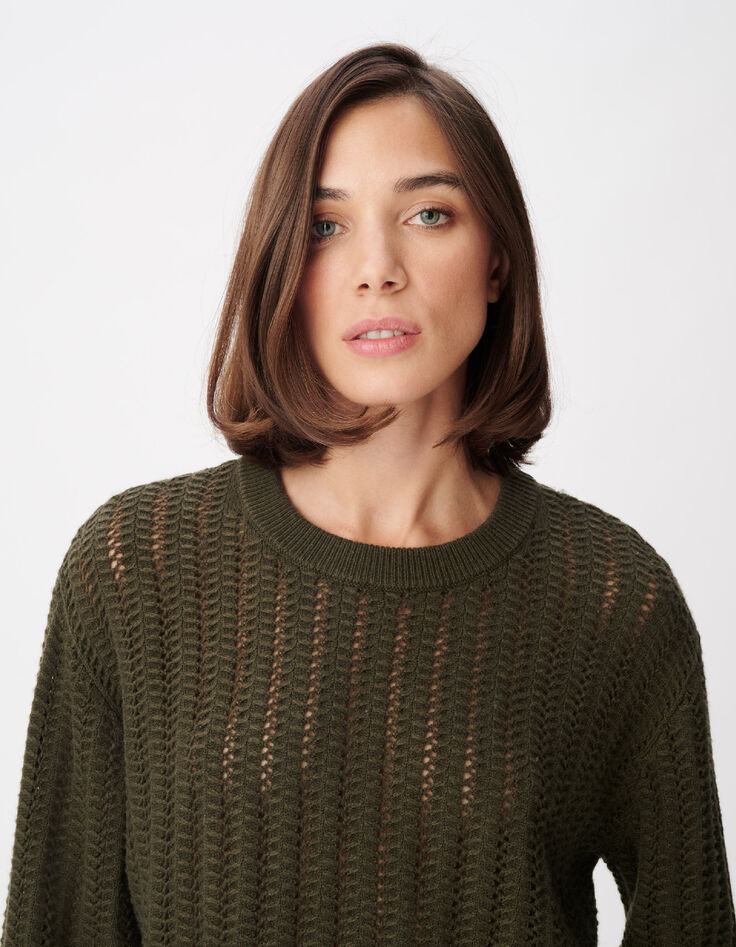 Pull manches longues kaki tricot ajour&eacute; Femme-5