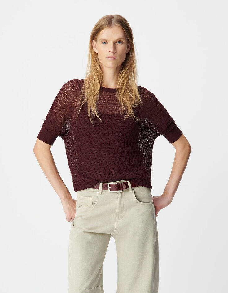 Pull bordeaux tricot fin ajouré lurex Femme-2