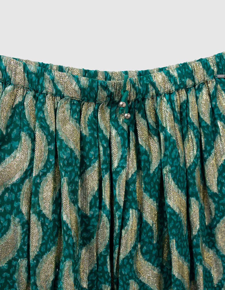 Falda corta esmeralda estampado hojas doradas Mujer-7