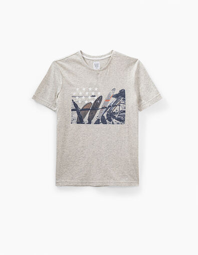 Kittgrau meliertes Jungen-T-Shirt mit Surfbrett-Flagge  - IKKS