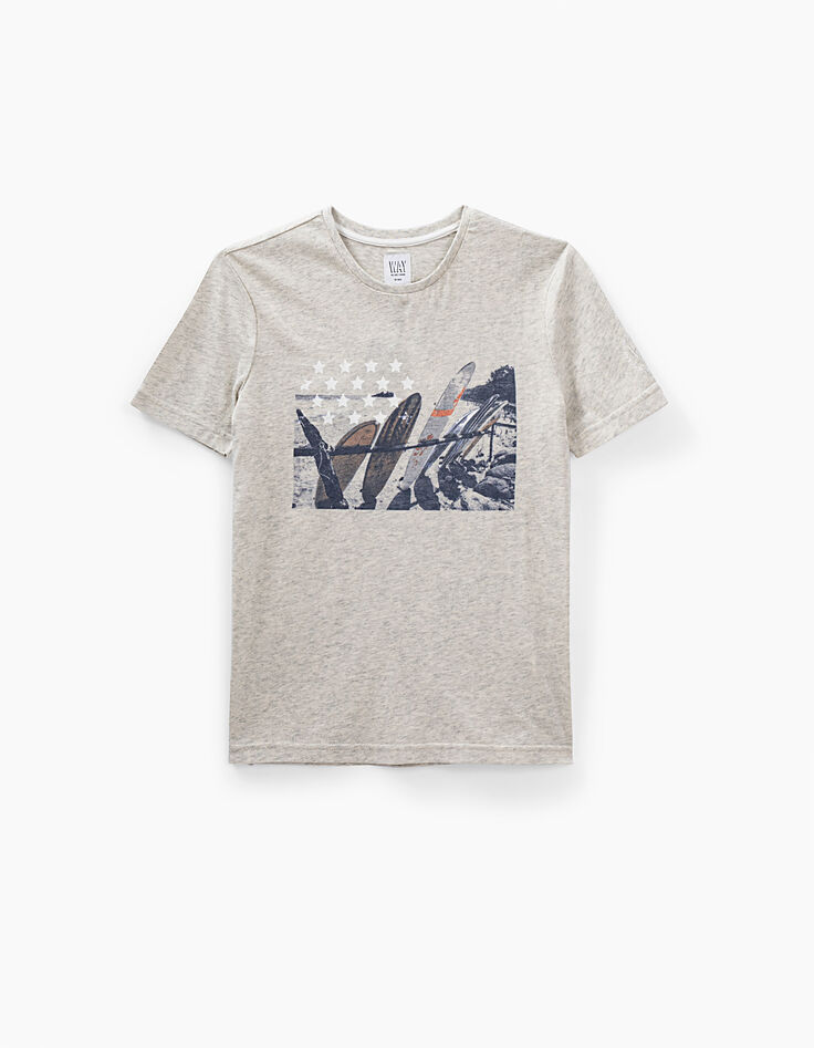 Kittgrau meliertes Jungen-T-Shirt mit Surfbrett-Flagge -1