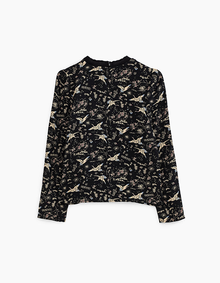 Blouse noire imprimé Sakura et grues sacrées fille-3 Blouse noire imprimé Sakura et grues sacrées fille-3