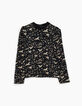 Blouse noire imprimé Sakura et grues sacrées fille-1
