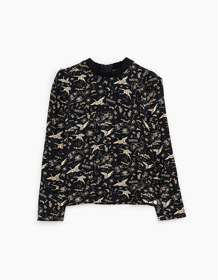 Zwarte blouse met sakura-print en kraanvogels voor meisjes - IKKS