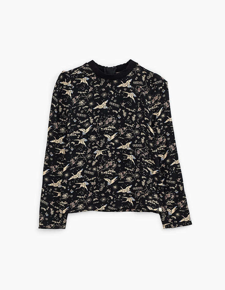 Blouse noire imprimé Sakura et grues sacrées fille-1 Blouse noire imprimé Sakura et grues sacrées fille-1