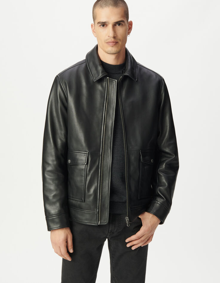 Blouson aviateur noir en cuir sherpa amovible Homme-2