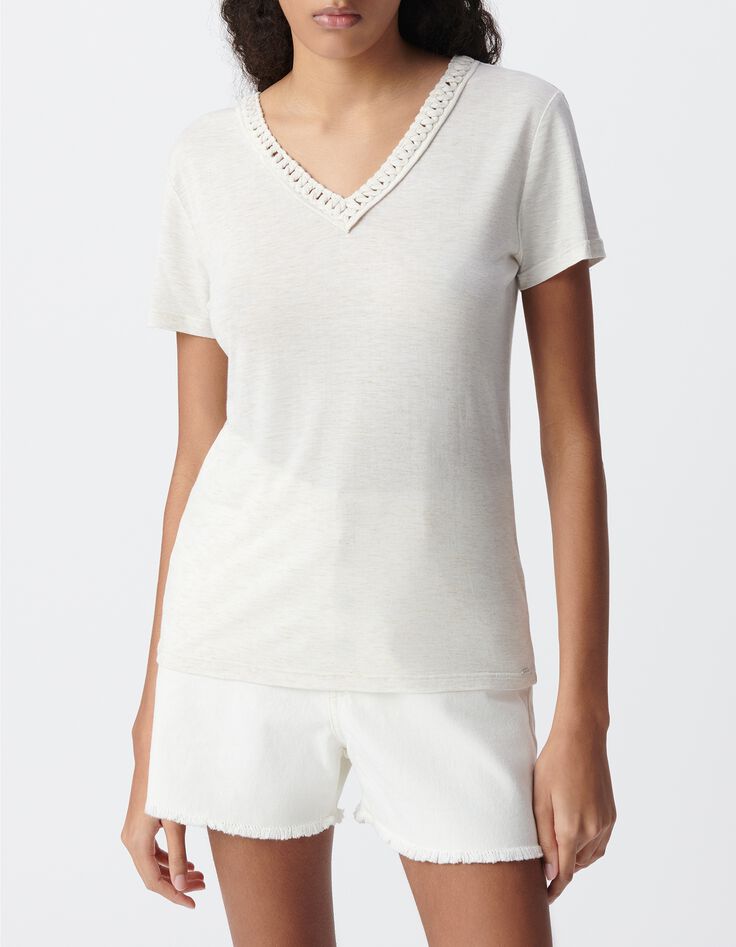 Tee-shirt blanc tressage encolure V Femme-2