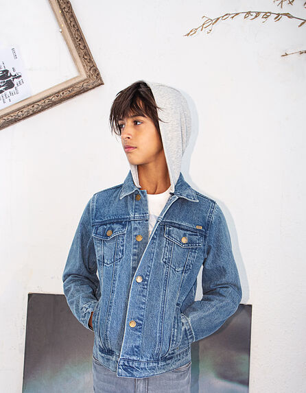Boys’ stone blue organic hooded denim jacket