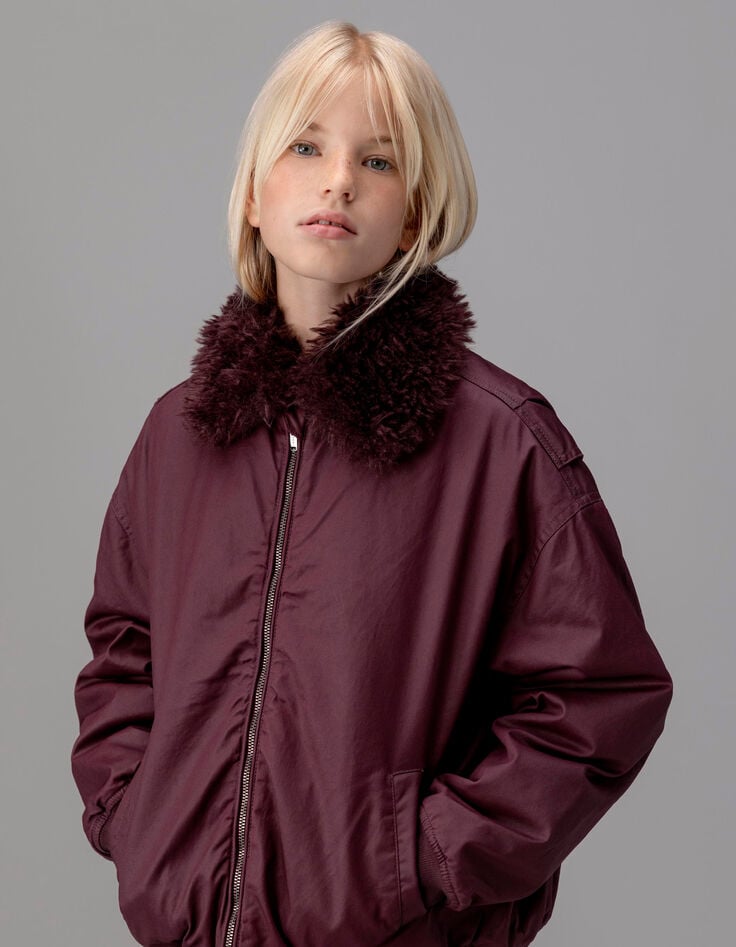 Girls’ burgundy jacket with detachable fur-lined collar-1 Girls’ burgundy jacket with detachable fur-lined collar-1