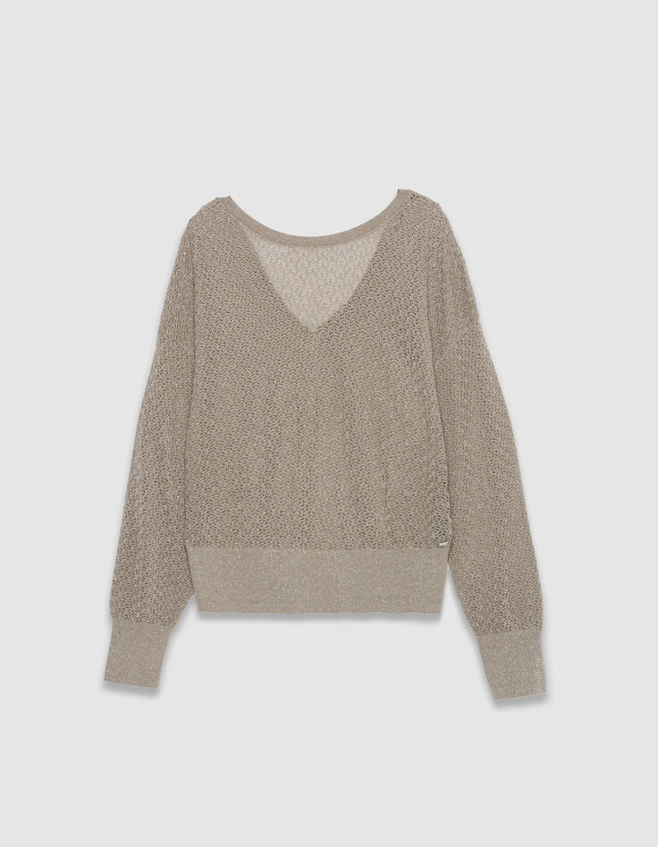 Pull chic beige tricot fantaisie paillet&eacute; ajour&eacute; Femme-6