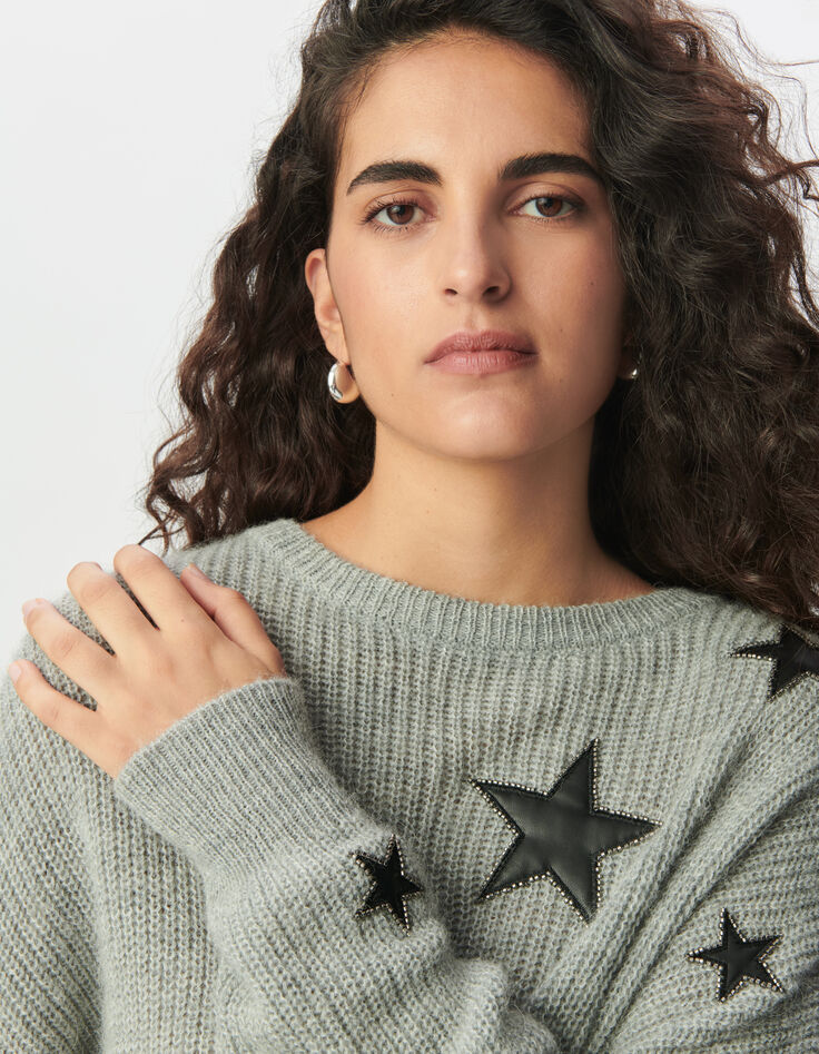 Grauer Damen-Strickpulli Ausschnitte Rock Sterne Perlen-4