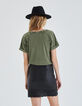 Women's khaki quilted-sleeve T-shirt-3