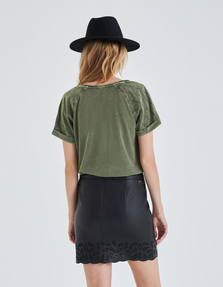 Women's khaki quilted-sleeve T-shirt-3 Women's khaki quilted-sleeve T-shirt-3