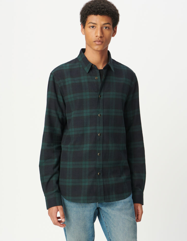 Men&rsquo;s navy and green regular check shirt with press studs-1