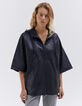 Women’s black cape-style leather jacket with hood-1