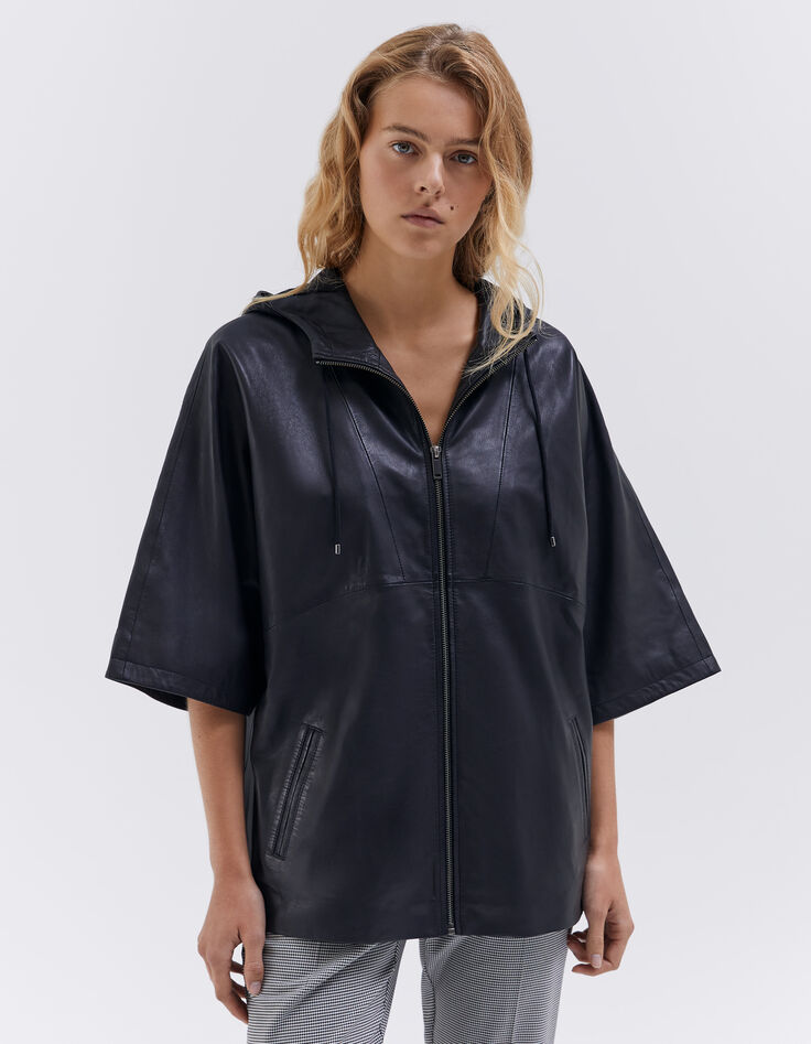 Women’s black cape-style leather jacket with hood-1