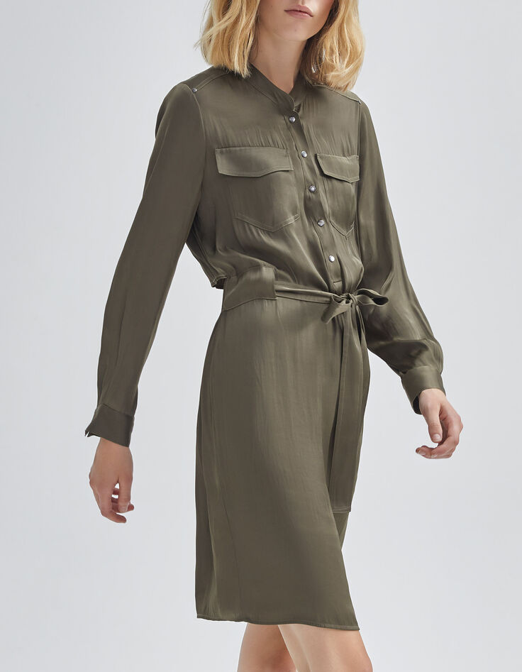 Vestido caqui satinado reciclado con pieza detrás mujer-2