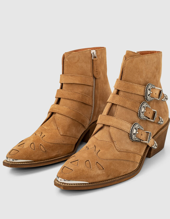 Women’s camel 3-cowboy buckle suede boots - IKKS