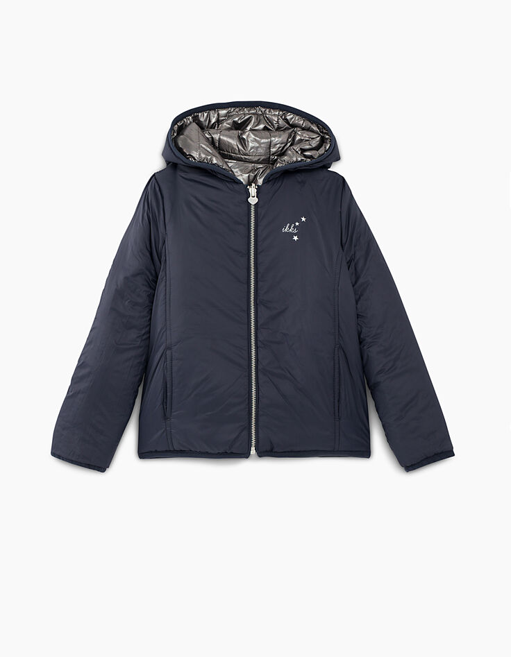 Omkeerbare gewatteerde jas in zilverkleur en navy meisjes-3