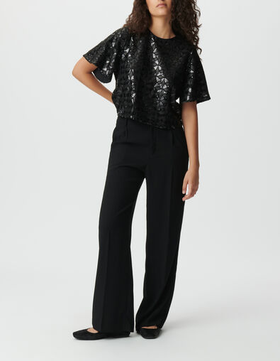 Top noir brod&eacute; sequins manches papillon Femme - IKKS