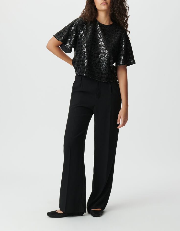 Top noir brod&eacute; sequins manches papillon Femme-1