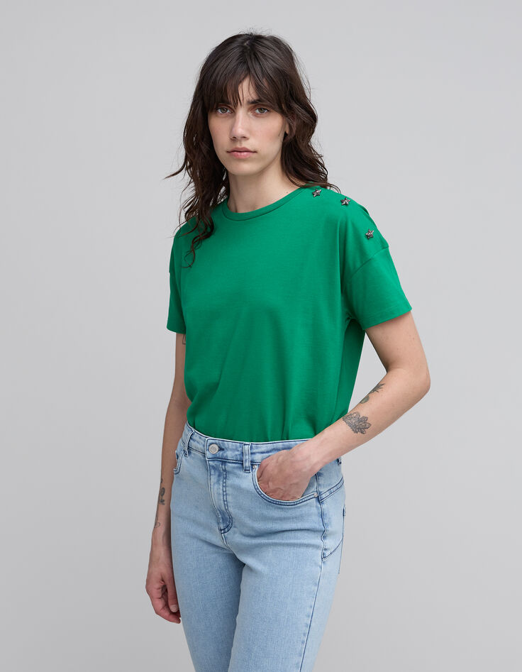 Women's green T-shirt with star design on shoulder and round collar-2