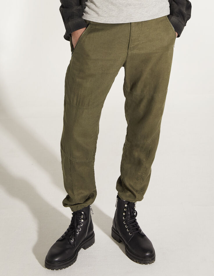 Men’s khaki linen and cotton CROPPED combat trousers-2