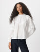 Blusa blanca de jacquard y encaje para mujer-2