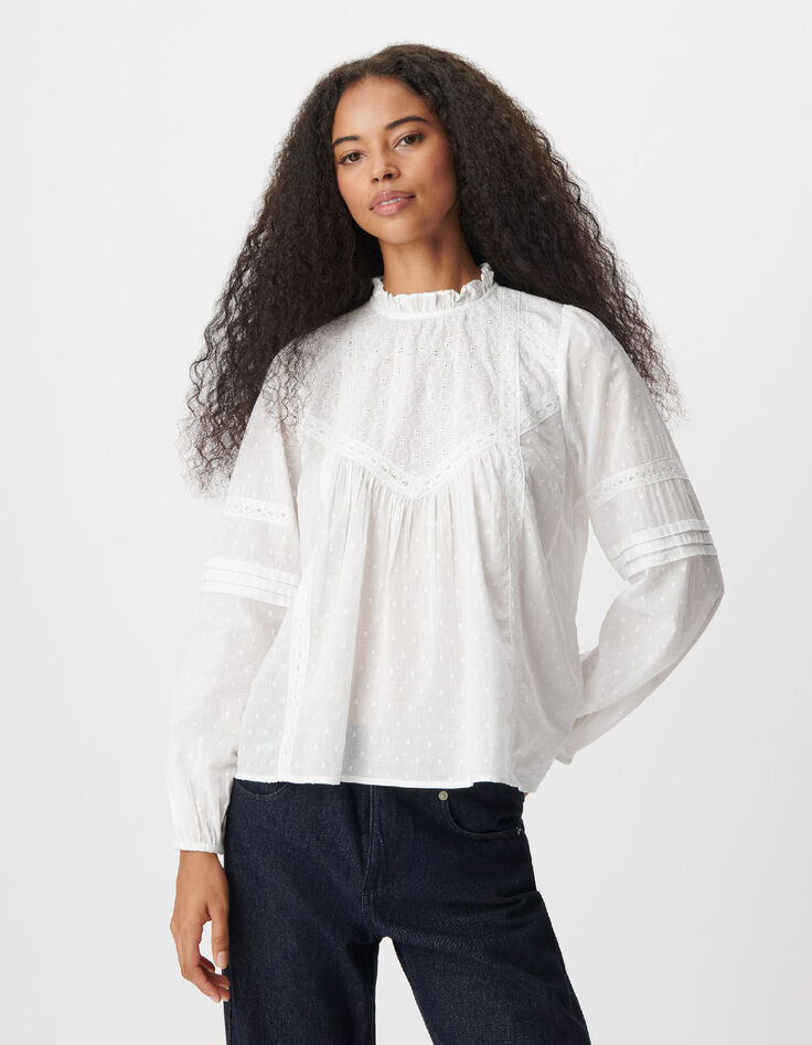Blusa blanca de jacquard y encaje para mujer-2