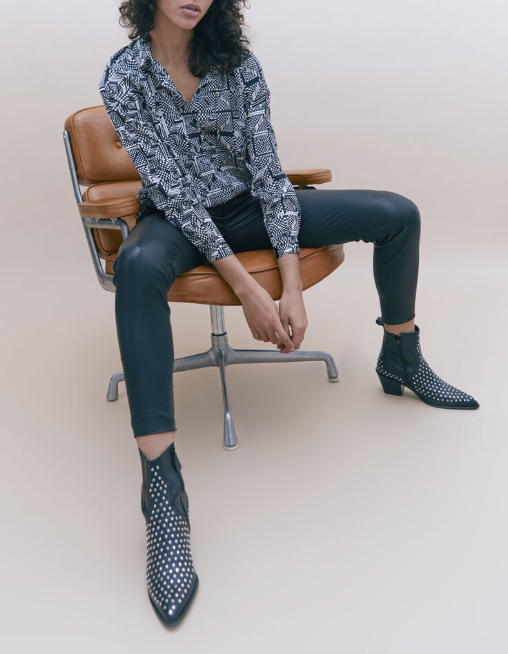 Zwart overhemd geblokte optische print Dames-6