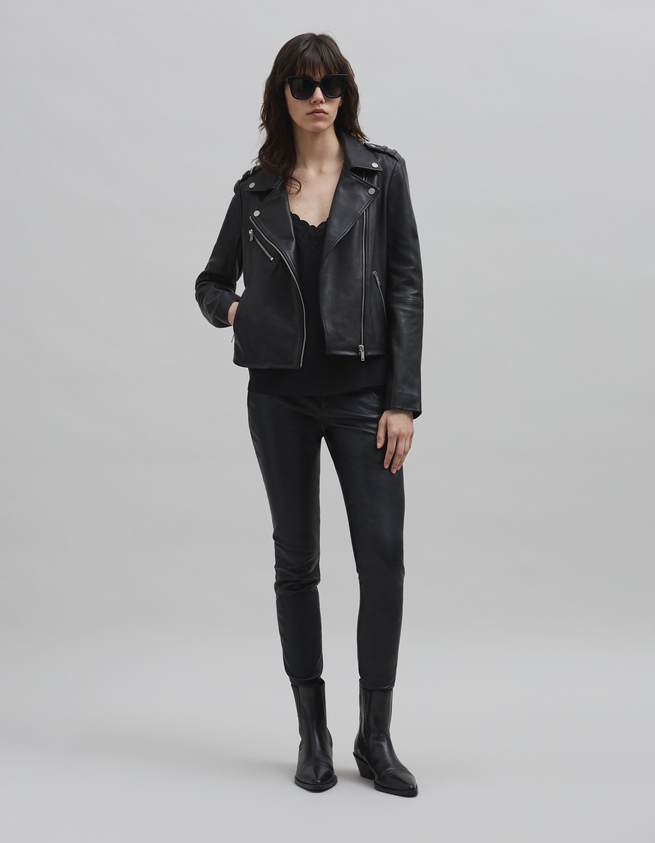 Veste cuir noir esprit motard broderie perle eclair Femme IKKS