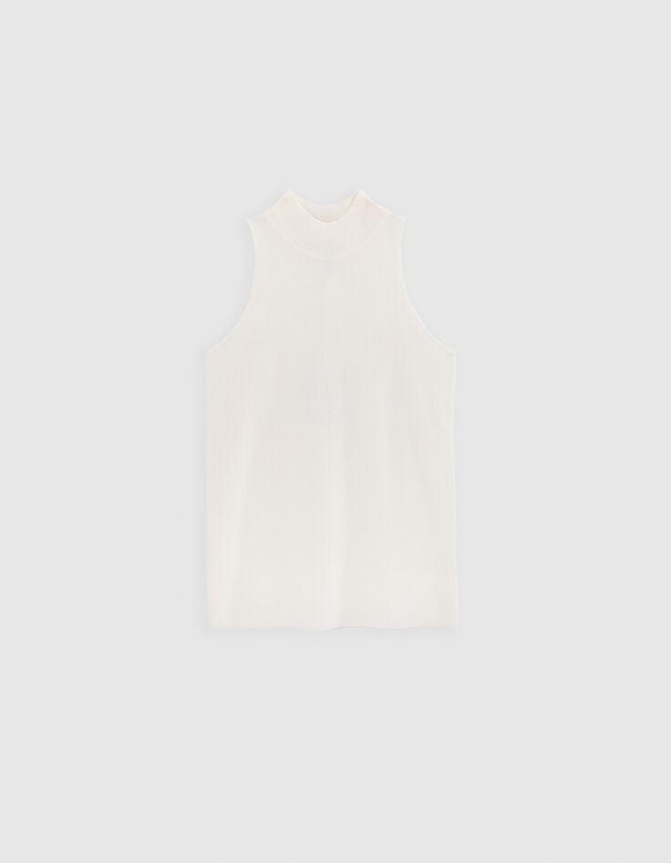 Pull blanc cass&eacute; tricot sans manches col montant Femme-6
