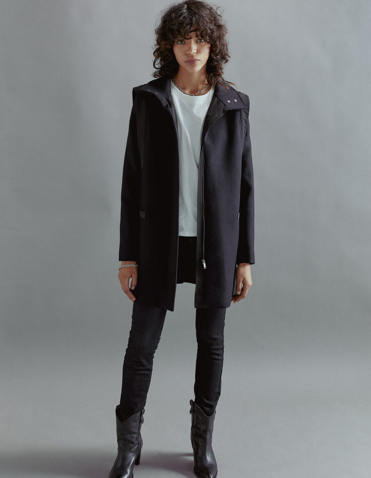 Manteau noir en laine épaulettes surpiquées femme-1