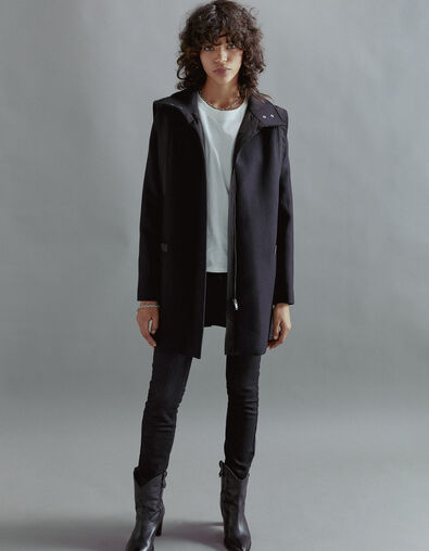 Women’s black wool coat with topstitched epaulets - IKKS