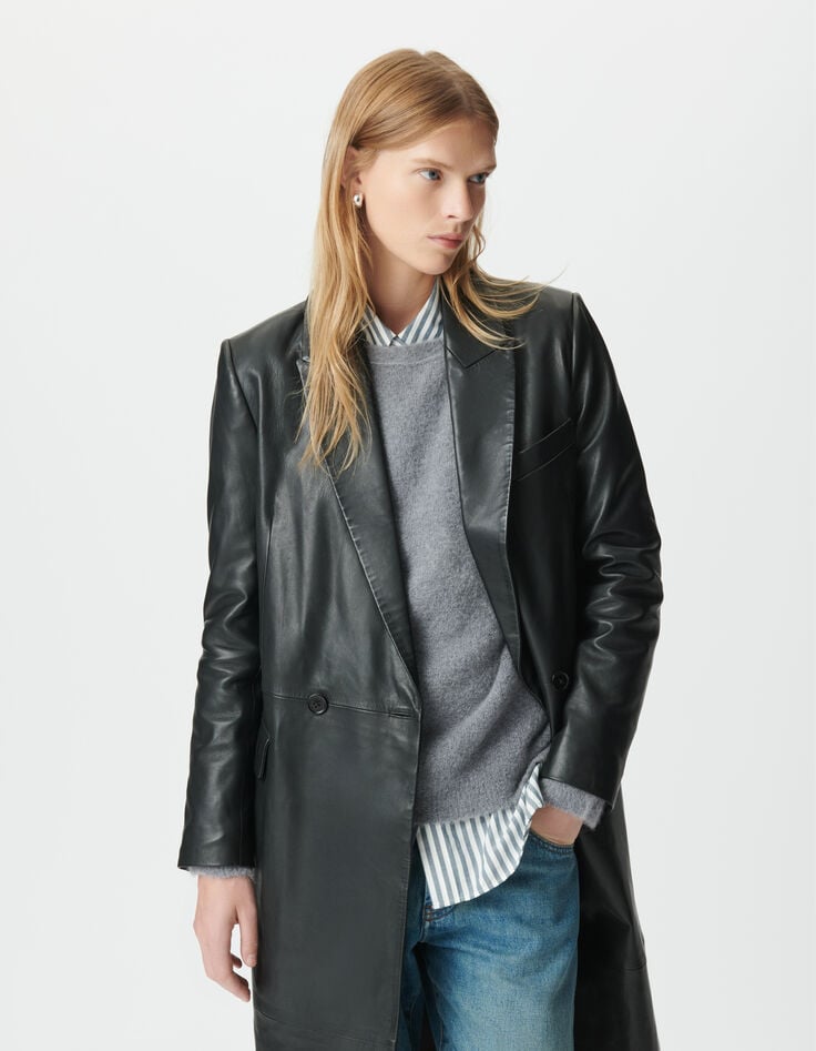 Abrigo largo negro cuero oversize mujer-5