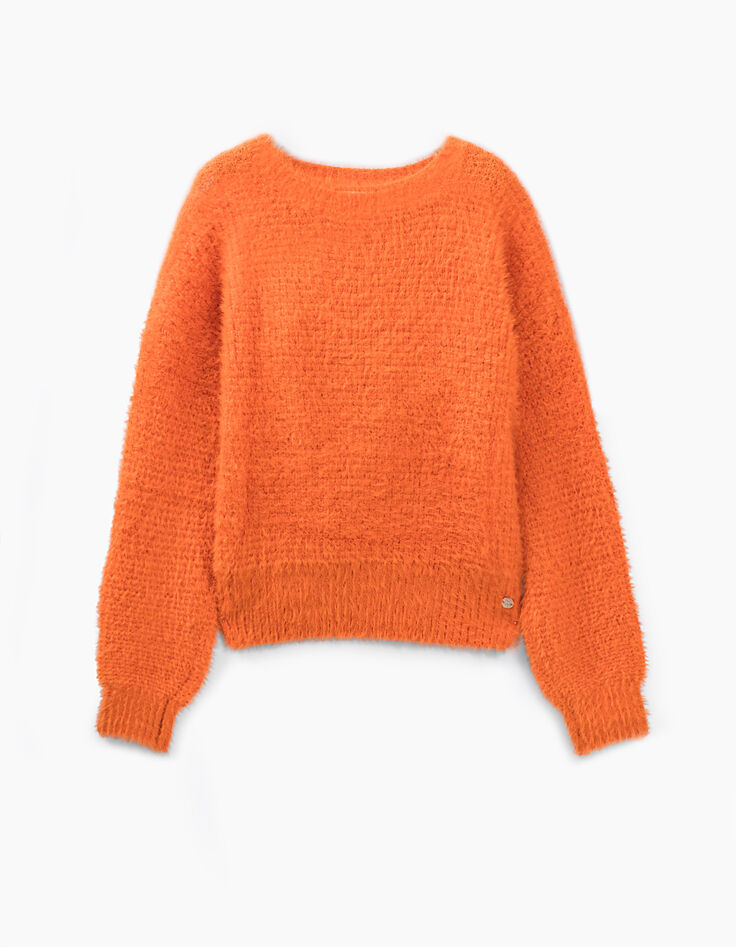 Pull orange en tricot duveteux fille-2