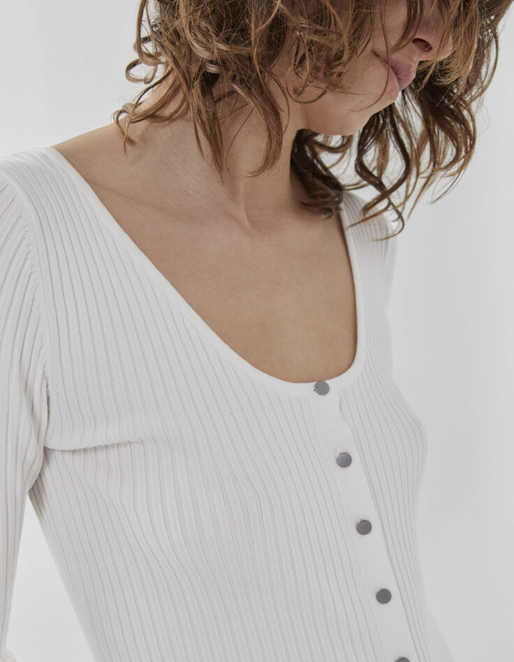 Cardigan blanc cassé en tricot côtelé à col danseuse Femme-4