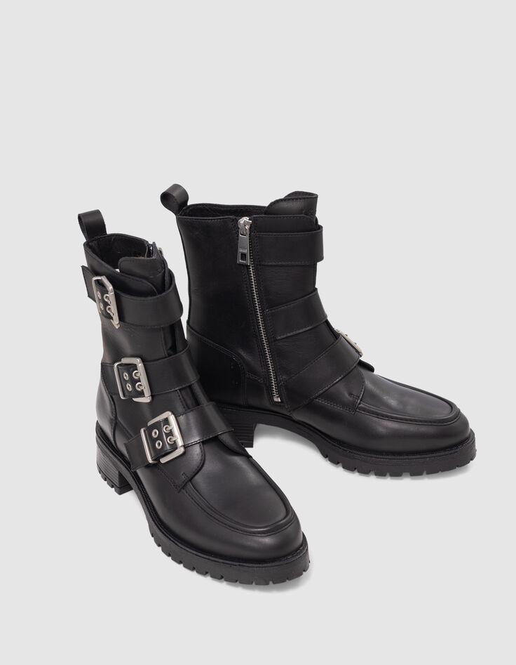 Women's black leather 3 buckle rangers boots-5