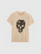 Zandkleurig T-shirt opdruk doodshoofd-palmen Heren-6