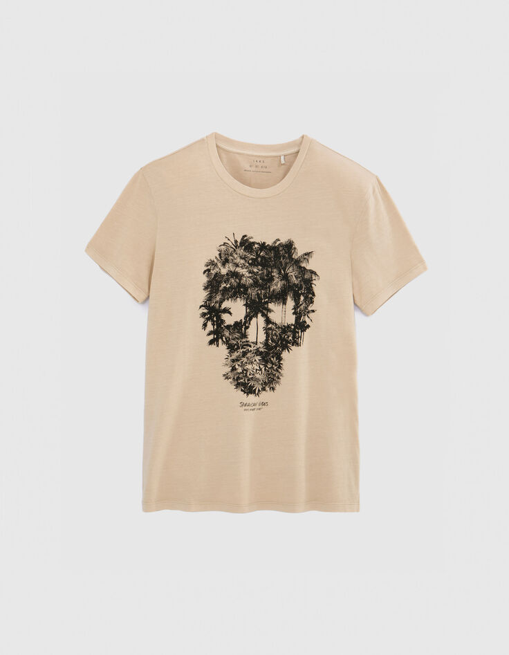 Zandkleurig T-shirt opdruk doodshoofd-palmen Heren-6