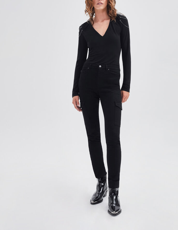 Blouse noire recyclée détails chaînes épaules Femme-7