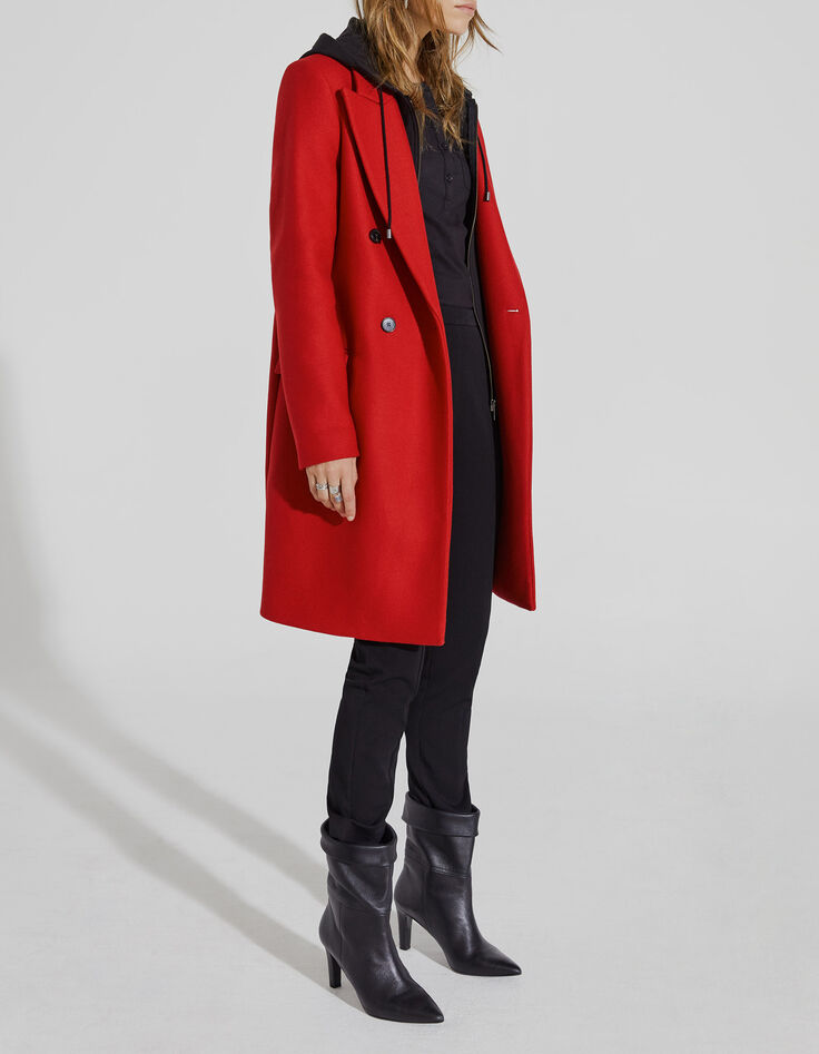 Manteau rouge mi-long en laine à capuche en molleton femme-7