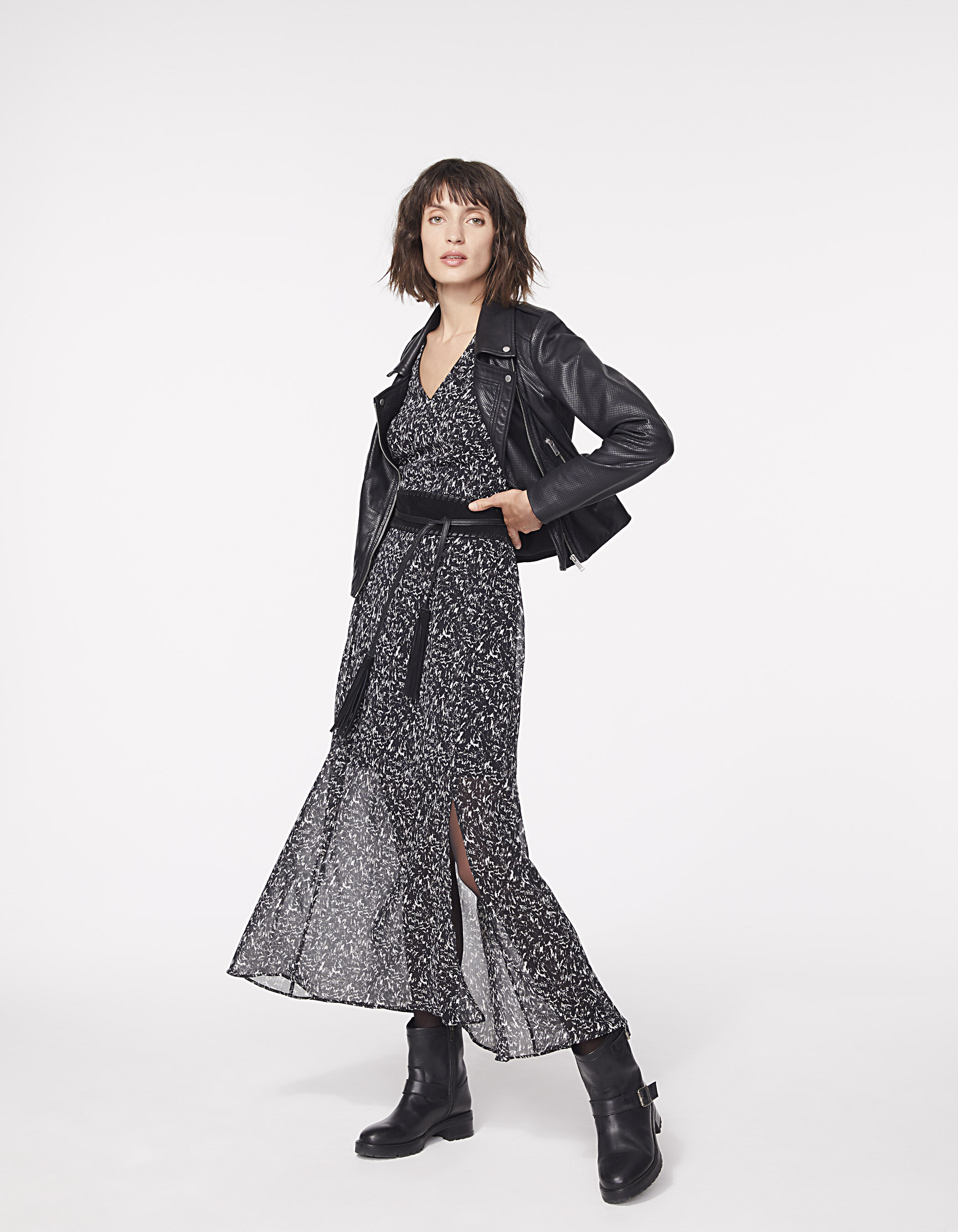 Robe longue en voile imprime wavy fond noir femme IKKS