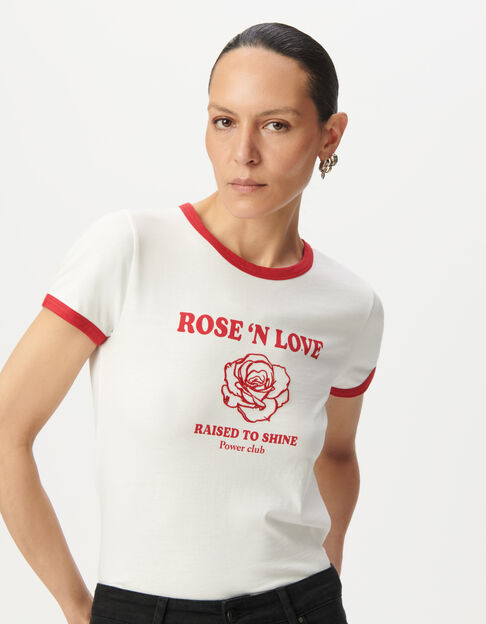 Wit rock T-shirt biokatoen tekst en roze borduursel Dames - IKKS