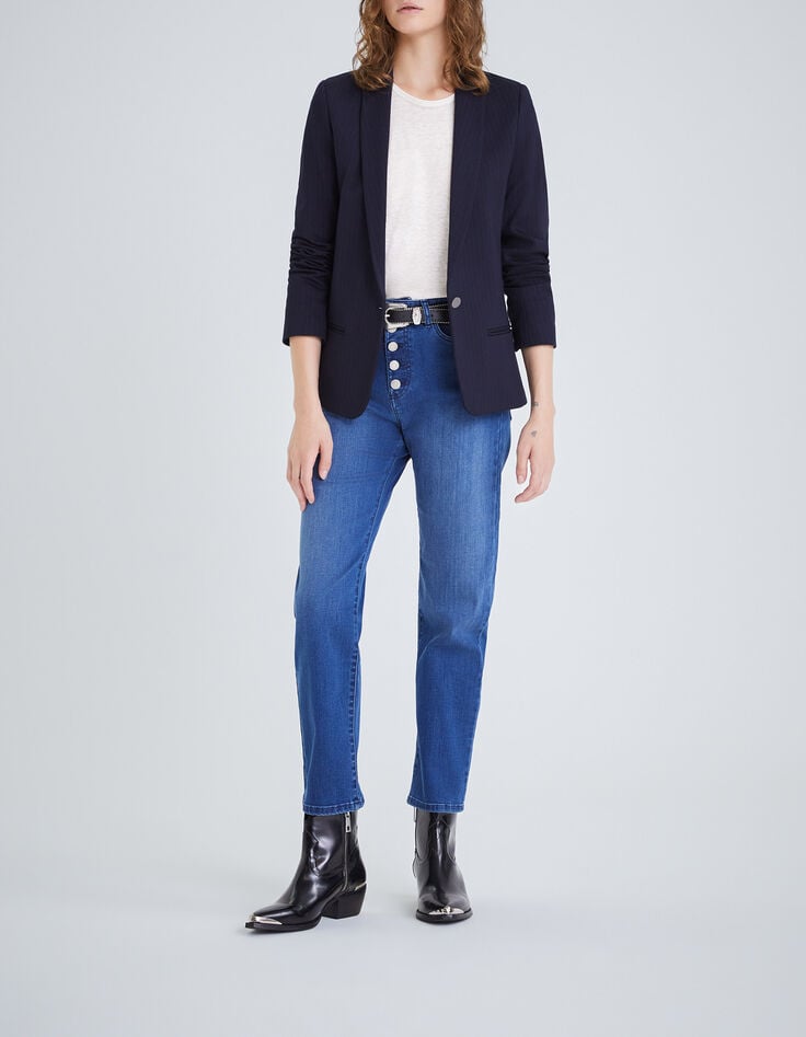 Marineblauer Damenblazer mit goldfarbenen Tennisstreifen-5