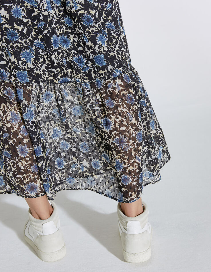 Women’s blue flower print dotted Swiss voile long dress-5