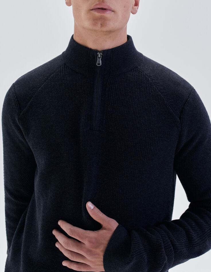 Marineblauer Herrenrippstrickpullover mit Troyerkragen-1