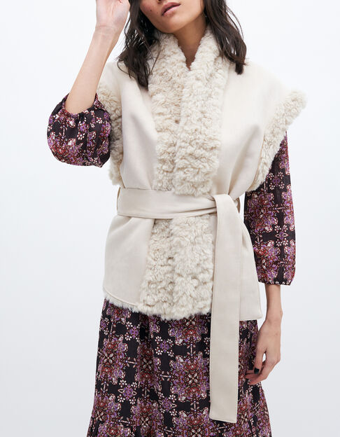 Women’s beige faux shearling gilet with removable belt - IKKS