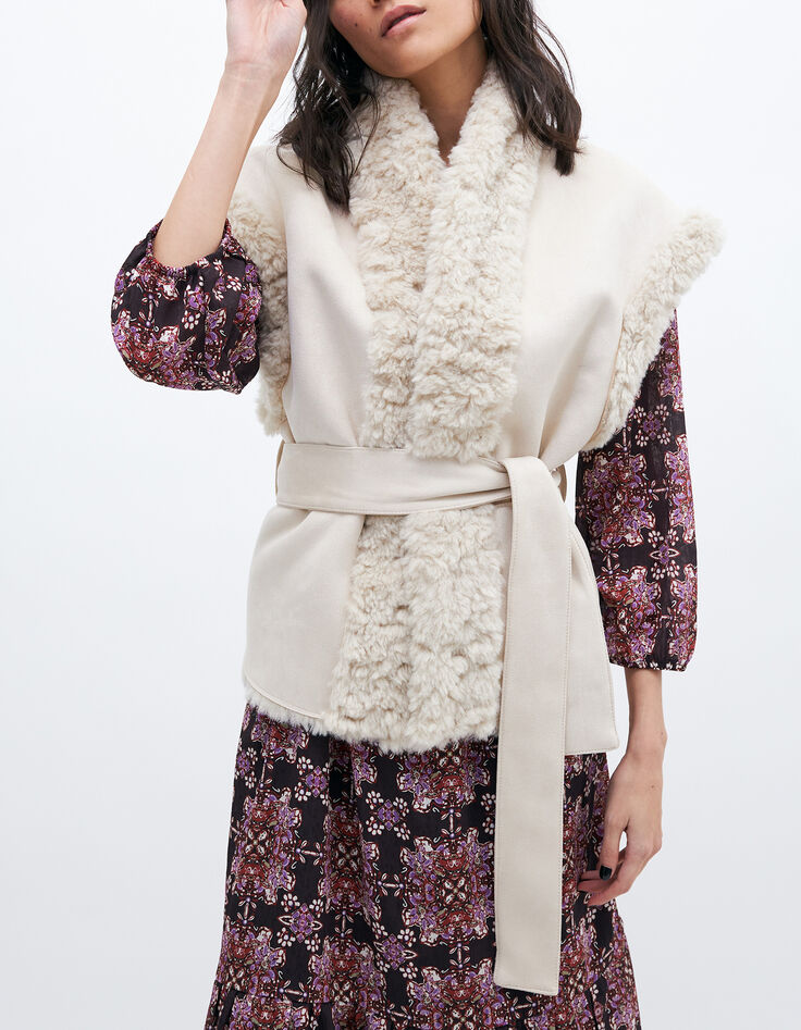 Gilet beige en fausse peau retournée avec ceinture amovible femme-1