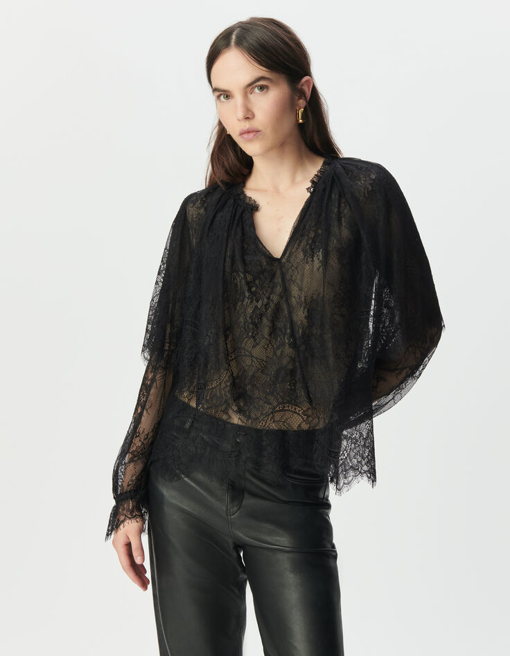 Blouse noire dentelle large volant Femme-3